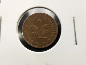 1990 G Germany 1 Pfennig Coin KM#105 Oak Seedling Deutschland Karlsruhe - Picture 1 of 3