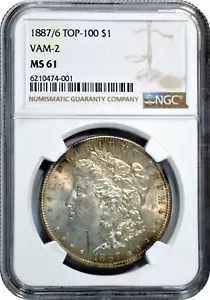1887/6 Morgan Silver Dollar $1 Top-100 VAM-2 Uncirculated NGC MS61 - Picture 1 of 3