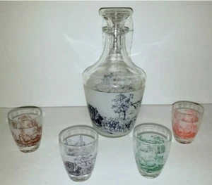 Vintage 5 Piece Decanter & Shot Glass Set Countryside Scenes Made In France - Picture 1 of 11