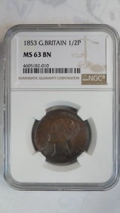 Great Britain 1/2 Penny Young Head of Queen Victoria, 1853, NGC MS 63 BN - Picture 1 of 3