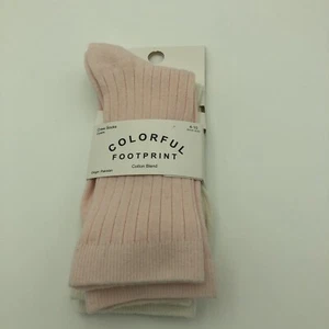 Neu mit Etikett bunter Fußabdruck Damen rosa & weiß 2er-Pack Baumwollmischung Crew-Socken 4-10 - Bild 1 von 5