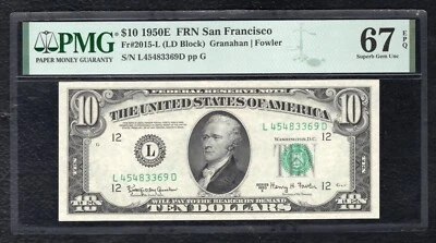 FR 2015-L 1950-E $10 FEDERAL RESERVE NOTE SAN FRANCISCO, CA PMG GEM UNC-67EPQ - Image 1 of 2