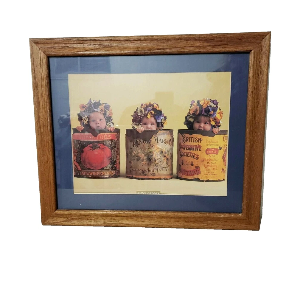 Anne Geddes Pansies Babies In Vegetable Cans Printed Picture Wood Frame 16"x19" - Image 1 of 4