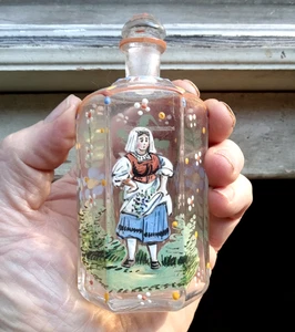 1890s CZECHOSLOVAKIA ENAMEL PAINTED 6 SIDED BLOWN COLOGNE BOTTLE WITH STOPPER - Picture 1 of 14