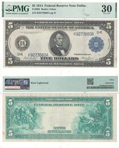 1914 $5 Federal Reserve Note Fr-885 PMG VF-30 - Picture 1 of 3