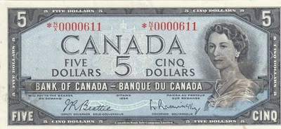 1954 Bank Of Canada $5 Modified Replacement Note - *N/X - Low Serial Number  A19 - Image 1 of 3