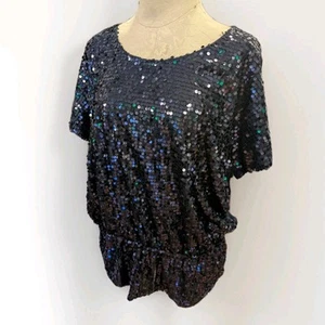 LANE BRYANT Navy Blue Top 14 16 Sequin Peplum Short Sleeve knit back Sparkle XL - Picture 1 of 12