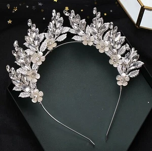 Women Crystal Silver Leaf Bride Prom Party Hair Headband head Band Fascinator - Imagen 1 de 13