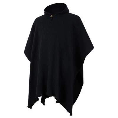 LLAMA WOOL MENS WOMANS UNISEX HOODED PONCHO ETHNIC TRIBAL BOHO SOLID BLACK S-XL - Image 1 of 4