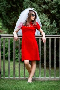 1960s Vintage Handmade Red Velvet Lace Shift Dress, 60s Go-Go Mini Dress, Size M - Picture 1 of 10