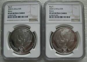 South Africa R5 2020 Silver Proof 1Oz two Coins Set African Big5 Rhino NGC PF69
