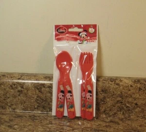Disney Navidad Mickey Mouse Juego de 4 Cubiertos de Plástico Cucharas y Tenedores NUEVO - Imagen 1 de 2