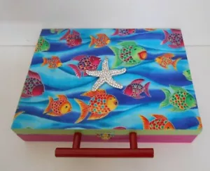 Upcycled/Embellished/Decoupaged Brightly Colored FISH Theme Cigar/Memory Box - Picture 1 of 7