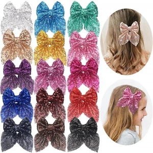 Large 4 inch Sparkle Sequins girls hair bow clips school UK - Picture 1 of 14