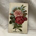 Vintage Postcard Embossed Floral Birthday Greetings 1908 NY Pink Red Rose