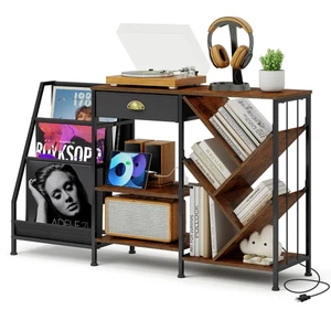 Record Player Stand Storage 200 LPs, Media Console w/ USB Charging Station - Picture 1 of 9
