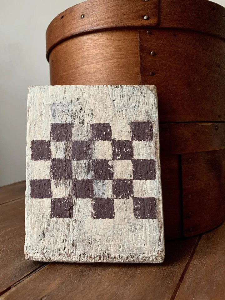 Folk Art Checkerboard Putty White Dark Red Squares Primitive Antique Gameboard - Image 1 of 4