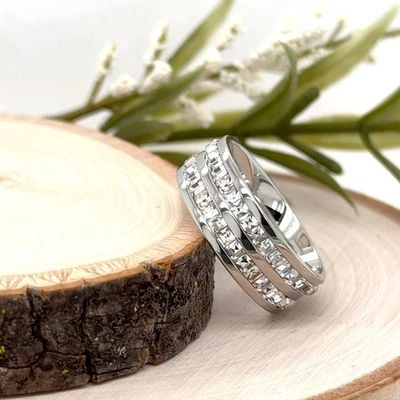 Alianza de boda de titanio de 8 mm doble fila de diamantes circonita cúbica elegante alianza unisex ligera Foto 1 de 4