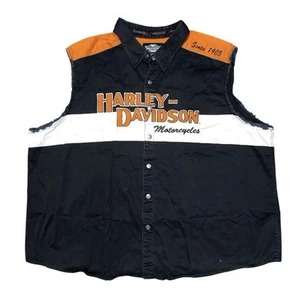 HARLEY DAVIDSON Motorcycles Mens Distressed Y2K Vintage Snap Button Vest 4XL (H) - Picture 1 of 5