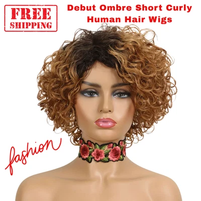Debut Ombre Short Curly Human Hair Wigs 100 % Remy Pixie Bob Wigs For Women Gift - Image 1 of 4