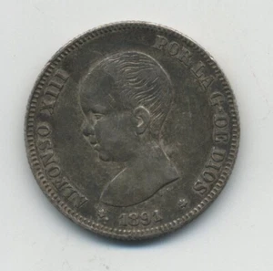 Spain - España 2 Pesetas 1891 KM 692 XF- Silver Coin Circulated Xrare - Picture 1 of 3