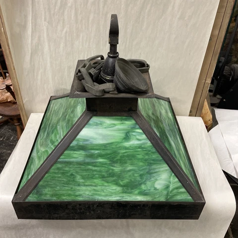 ANTIQUE MISSION METAL FRAME CHANDELIER LAMP GREEN SLAG GLASS Cover