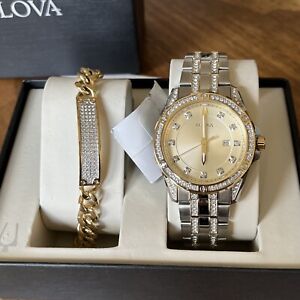 BULOVA Two-Tone CRYSTAL Women's Watch and Bracelet Set - 98K106 MSRP: $695