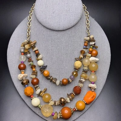 Collar Boho en Capas Piedras Preciosas Chip Grueso Cuentas Naranja Marrón Tono Dorado Foto 1 de 4