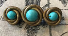 Vintage 1950’s Costume Gold Tone Brass Mesh Turquoise Cabochon Brooch🤠🌵👁