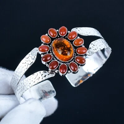 Corniola, Ambra Baltica Gemma 925 Argento Sterling Gioielli Bracciale Regali - Immagine 1 di 4