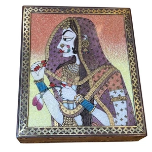 Indian Woman Gemstone Painting Wooden Jewelry Trinket Box Inlay Metal Bombay Co. - Picture 1 of 7