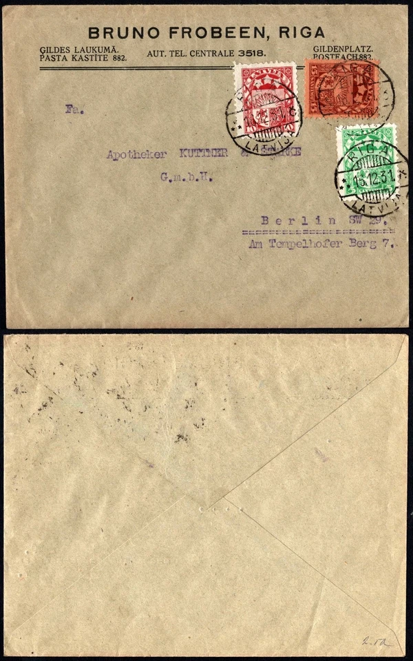 Letonia 1931 cubierta de negocios, Riga a Berlín, Bruno Frobeen, multifranqueo Foto 1 de 3