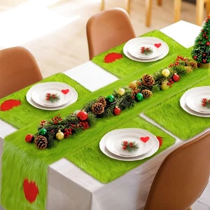 7 Pcs Christmas Lime Green Faux Fur Table Runner and Placemat Set 72 x 13 Inc... - Picture 1 of 7