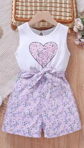 Floral Heart Print Purple Short Romper, Size 4T  - Picture 1 of 2