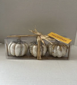 Capiz Shell Bling Glitter Jeweled Gold White Pumpkin Decor Set of 3 NEW - Picture 1 of 5