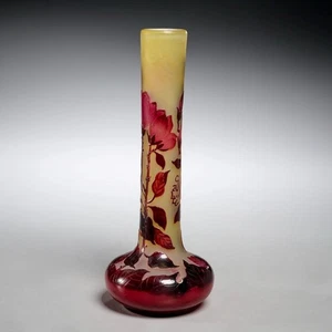 Antique Emile Galle Style Cameo Glass Red Yellow Flower Vase 9.5"h - Picture 1 of 6