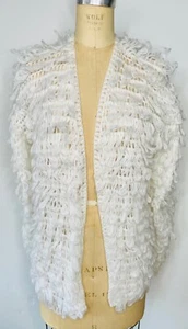 CUTE!!VTG 60'S MOD GO-GO WHITE KNIT LOOP FRINGED OPEN CARDIGAN SWEATER*S - Picture 1 of 4