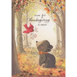 Cardinal Giving Holly Branch to Small Brown Bear Baby's 1st Thanksgiving Card - Picture 1 of 2