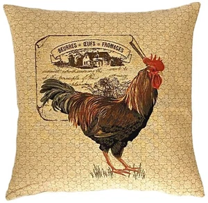 ROOSTER COCKEREL BEURRE OEUFS FROMAGES 18" BELGIAN TAPESTRY CUSHION COVER, ZIP - Picture 1 of 5