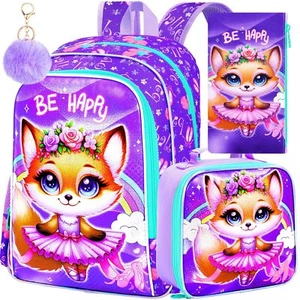 3PCS Fox Backpack for Girls 16'' Kids Bookbag with Lunch Box Cute Animal Wate... - Picture 1 of 7