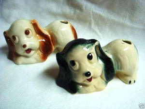 3 Very Old Pottery DOG MAKEUP BRUSH / COTTON BALL HOLDERS - Picture 1 of 6