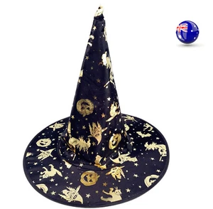 Women Adult Girl Child Halloween Costume Fancy long gold Black Witches Hat Cap - Picture 1 of 12