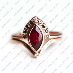 Marquise Ruby, Black & White Diamond Ring Set 925 Sterling Silver Crown Ring Set - Picture 1 of 3