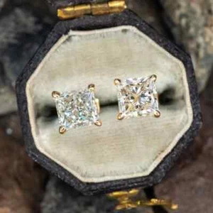 14K Yellow Gold Plated 2Ct Princess Lab Created Diamond Solitaire Stud Earrings - Picture 1 of 4