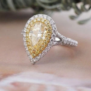 1.50ct 100% Natural Fancy Intense Yellow Pear Diamond Halo Ring, Platinum - Picture 1 of 5