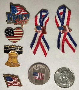 7 Patriotic American USA Pins- Flag, Liberty Bell, Ribbon Pins - Picture 1 of 8
