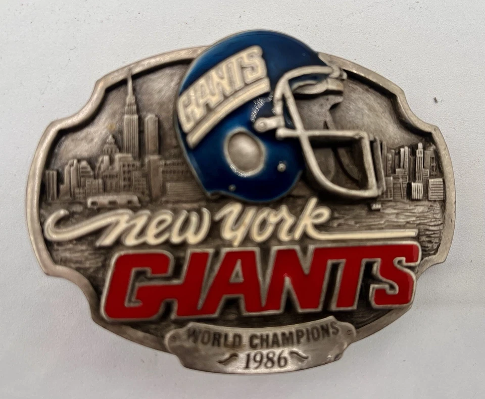 New York Giants Belt Buckle 1986 World Champion with custom belt. - Image 1 of 2