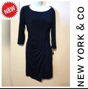 NWT New York & Co Dress Small Wrap Navy Blue Solid Long Sleeve Round Neck A807 - Picture 1 of 5