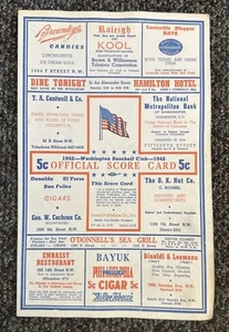 Vintage MLB Score Card - 1942 - The Washington Senators V Philadelphia - Unused - Picture 1 of 5
