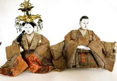 Antique Meiji  Gofun Period (1868-1912) Hina Japanese Emperor and Empress Dolls - Image 1 of 4